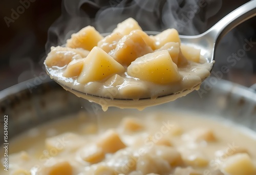 Close-up of spoon scooping clam chowder with chunks of clam and potato, suspended above bowl, steam visible, macro detail, warm tones.