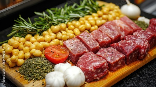 Raw beef, chickpeas, herbs, kitchen prep, cooking