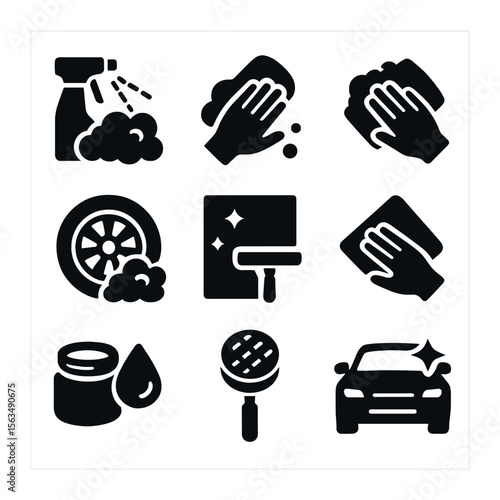 Washing Techniques Icons. Solid, filled icons set of washing techniques and steps: rinse spray, soaping motion