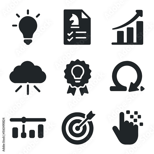 Corporate Innovation Icons. Solid, filled icons set of corporate innovation strategies: lightbulb idea,