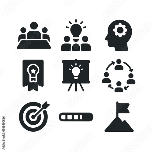Innovation Culture Icons. Solid, filled icons set of innovation culture building: team workshop, lightbulb
