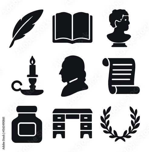 Literary Icons Grid. Solid, filled icons set of historical portraits of literary figures: quill pen, open book