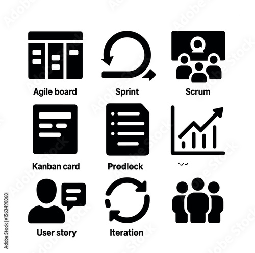 Agile Transformation Icons. Solid, filled icons set of agile transformation icons: agile board, sprint cycle,