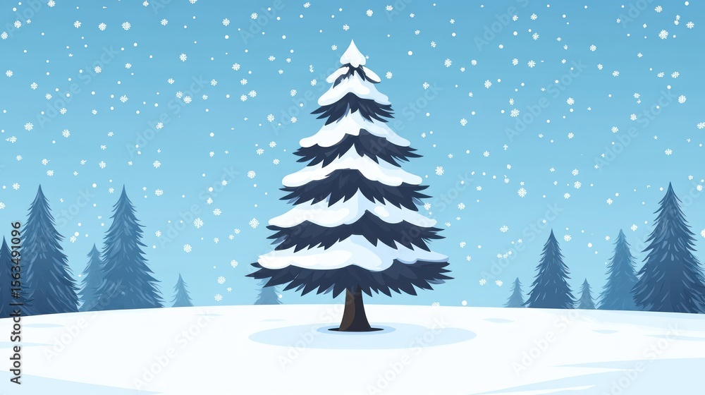 Obraz premium Snowy Christmas tree in winter forest background