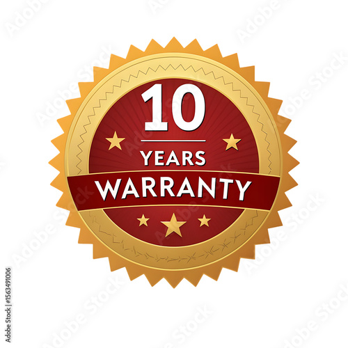 Gold and red 10 years warranty seal with stars isolated on transparent background