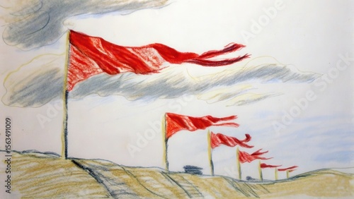 Red flags waving in the wind with cloudy sky, Colored pencil drawing, movement and change.