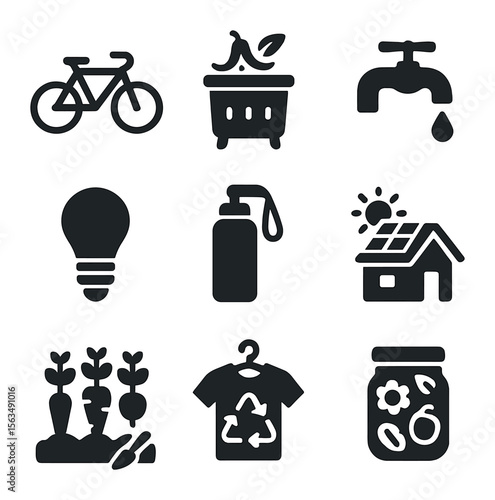 Sustainable Living Icons. Solid, filled icons set of sustainable living habits: bicycle icon, compost bin, low
