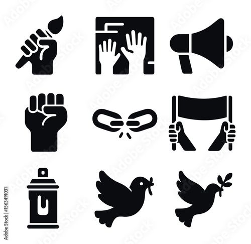 Protest Art Icons. Solid, filled icons set of art as protest symbols: raised paintbrush, protest mural,