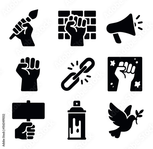 Protest Art Icons. Solid, filled icons set of art as protest symbols: raised paintbrush, protest mural,