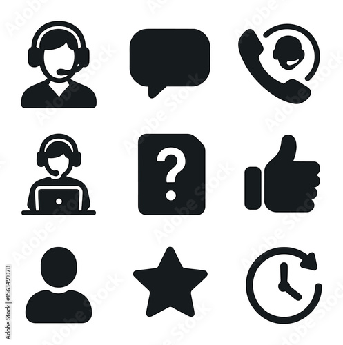 Customer Service Icons. Solid, filled icons set of customer service agents assisting clients: headset agent,