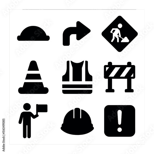 Construction Icons Grid. Solid, filled icons set of construction and road works warnings: temporary speed bump