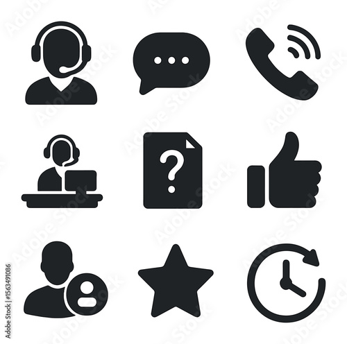 Customer Service Icons. Solid, filled icons set of customer service agents assisting clients: headset agent,