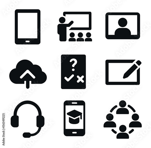 Educational Tech Icons. Solid, filled icons set of educational technology use: tablet device, digital