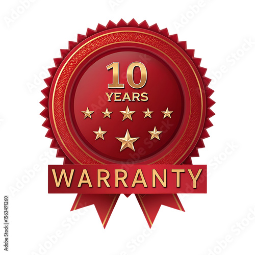 Elegant red and gold ten year warranty seal with stars isolated on transparent background