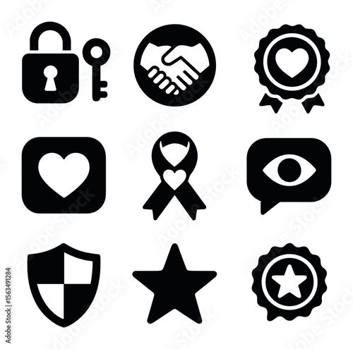 Trust Building Icons. Solid, filled icons set of trust building in relationships: lock and key, promise icon,