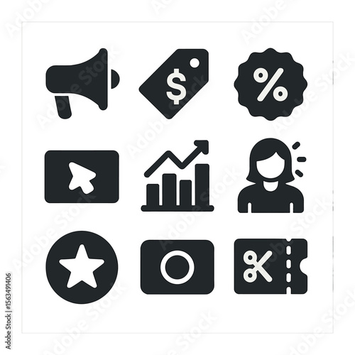 Marketing Icons Grid. Solid, filled icons set of marketing and promotion: campaign megaphone, sponsored tag,