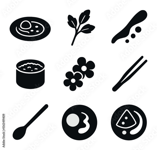 Culinary Presentation Icons. Solid, filled icons set of food presentation and plating: artistic plate, garnish