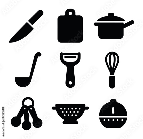 Culinary Tools Icons. Solid, filled icons set of culinary tools and utensils: chef knife, cutting board,