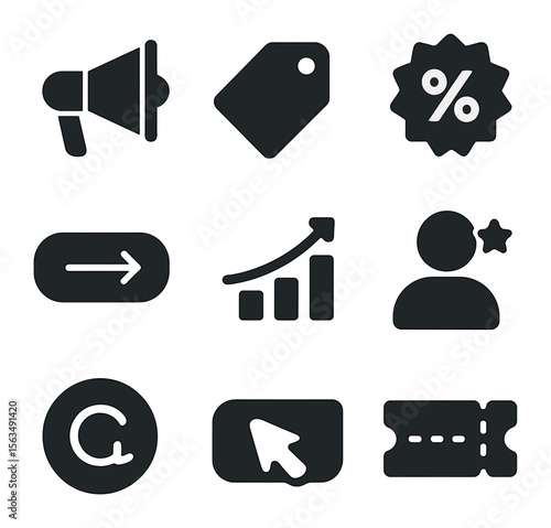Marketing Icons Grid. Solid, filled icons set of marketing and promotion: campaign megaphone, sponsored tag,
