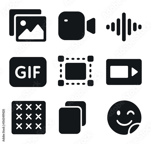 Modern Multimedia Icons. Solid, filled icons set of multimedia elements: photo gallery, video camera, audio