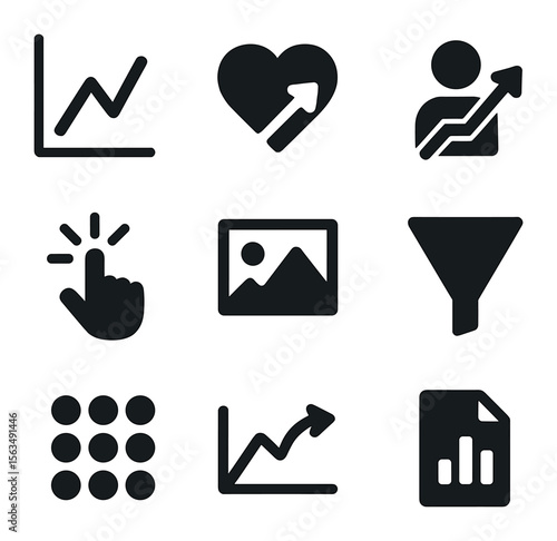 Analytics Icon Set. Solid, filled icons set of analytics and performance metrics: graph chart, engagement rate