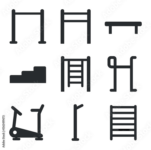 Park Equipment Icons. Solid, filled icons set of park exercise equipment: pull-up bar, parallel bars, balance