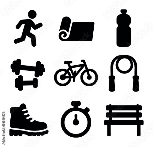 Outdoor Fitness Icons. Solid, filled icons set of outdoor fitness activities: jogging figure, yoga mat,