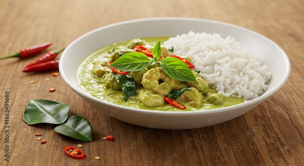 A bowl of vibrant green Thai green curry with chicken, rice, and garnishes on a wooden table. A bowl of vibrant green Thai green curry with chicken, rice, and garnishes on a wooden table.