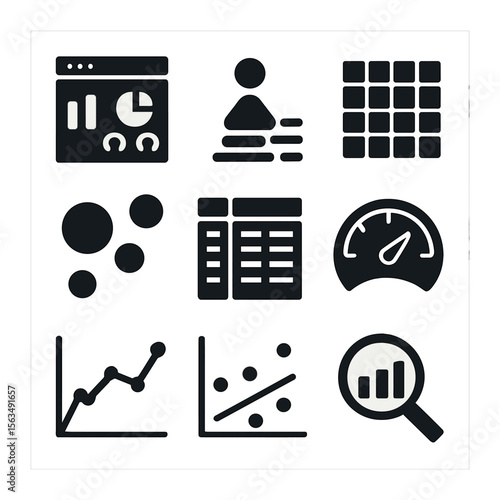 Economic Data Icons Grid. Solid, filled icons set of economic data visualization: dashboard screen,