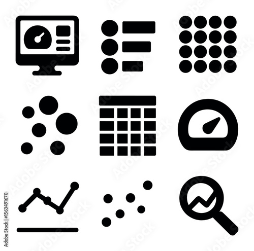 Economic Data Icons Grid. Solid, filled icons set of economic data visualization: dashboard screen,
