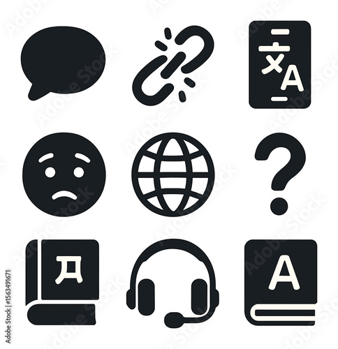 Language Barriers Icons. Solid, filled icons set of language barriers communication: speech bubble, broken