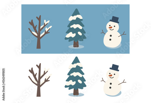 Winter Nature Icon Set (Trees and Snowman)

