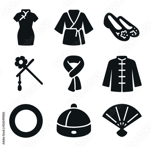 Traditional Attire Icons. Solid, filled icons set of traditional clothing and attire: cheongsam dress, silk