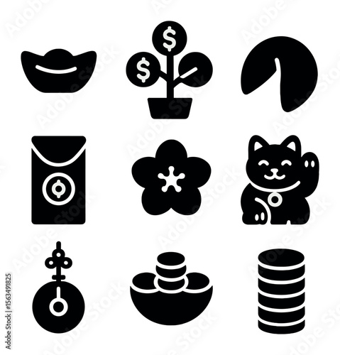 Symbols of Prosperity. Solid, filled icons set of symbols of prosperity and luck: gold ingot, money tree,