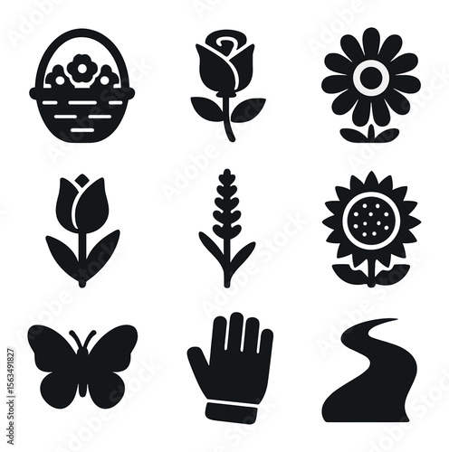 Garden Stroll Icons. Solid, filled icons set of basket of flowers during a garden walk: wicker basket, rose