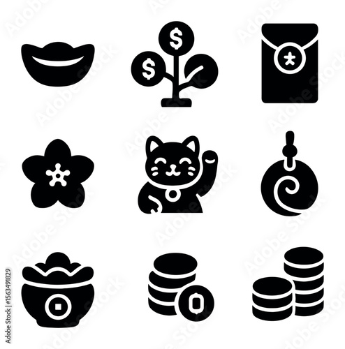 Symbols of Prosperity. Solid, filled icons set of symbols of prosperity and luck: gold ingot, money tree,