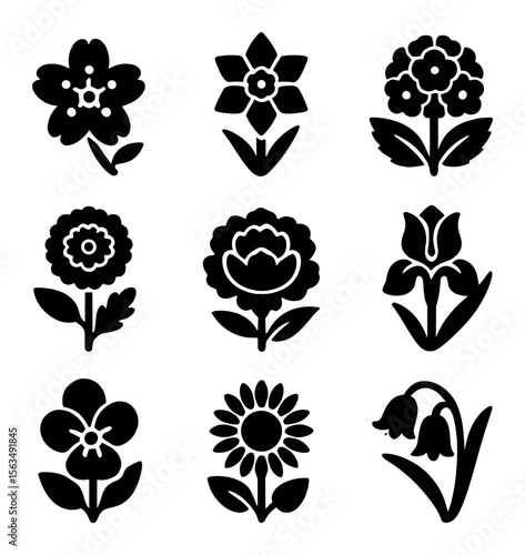 Seasonal Flower Icons. Solid, filled icons set of seasonal garden flowers: cherry blossom, daffodil, hydrangea