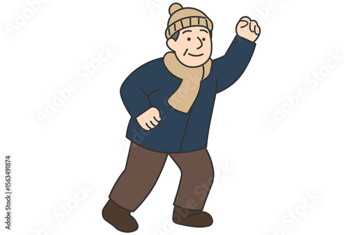 Elderly Man in Winter Clothes (Raising One Hand)