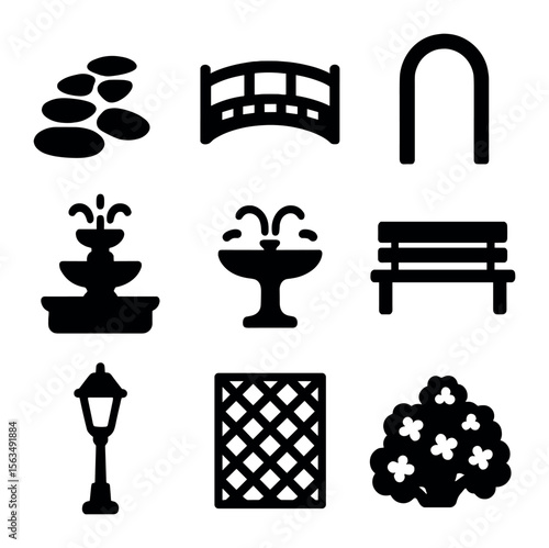 Garden Feature Icons. Solid, filled icons set of garden landscape features: stone path, wooden bridge, garden