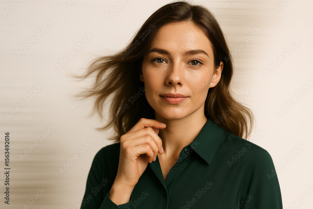 A beautiful brunette woman with freckles poses in a green shirt A beautiful brunette woman with freckles poses in a green shirt