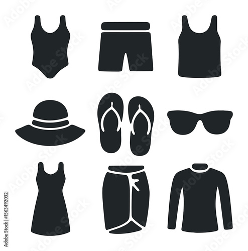 Summer Beach Icons. Solid, filled icons set of summer clothing for the beach: swimsuit, shorts, tank top,