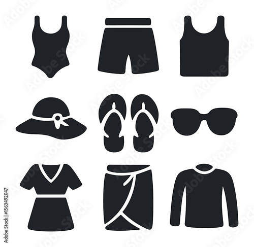 Summer Beach Icons. Solid, filled icons set of summer clothing for the beach: swimsuit, shorts, tank top,