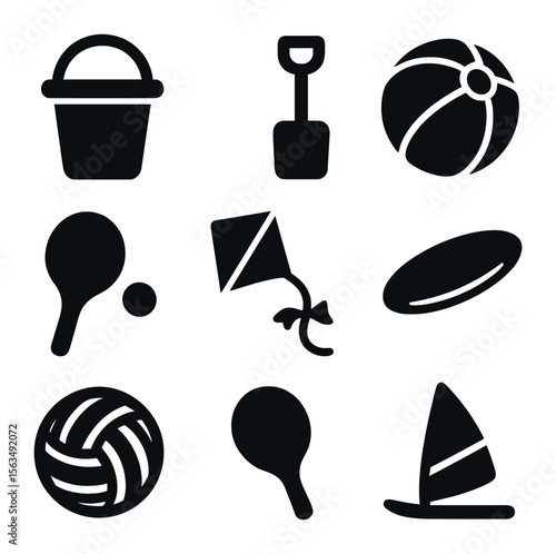 Beach Game Icons. Solid, filled icons set of beach games and fun: sand bucket, shovel, beach ball, paddleball,