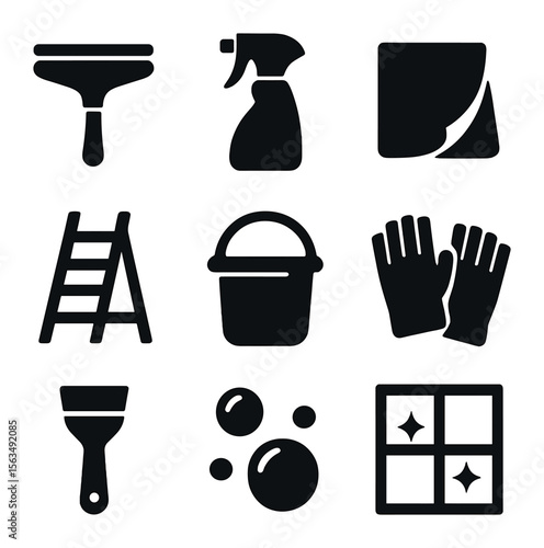 Window Cleaning Icons. Solid, filled icons set of cleaning windows: squeegee, spray bottle, cleaning cloth,