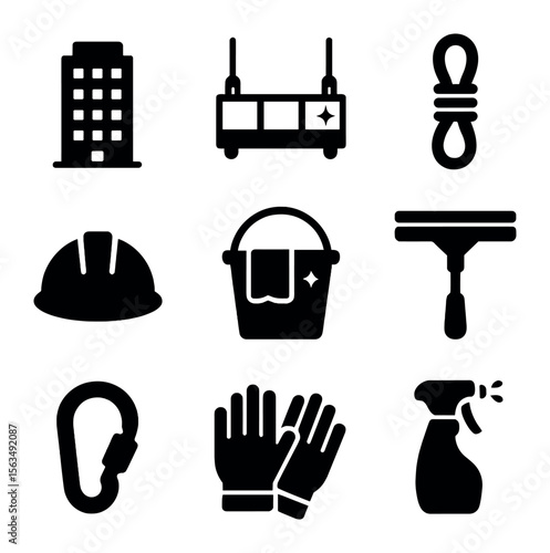 Window Cleaning Icons. Solid, filled icons set of commercial window cleaning: skyscraper, suspended platform,