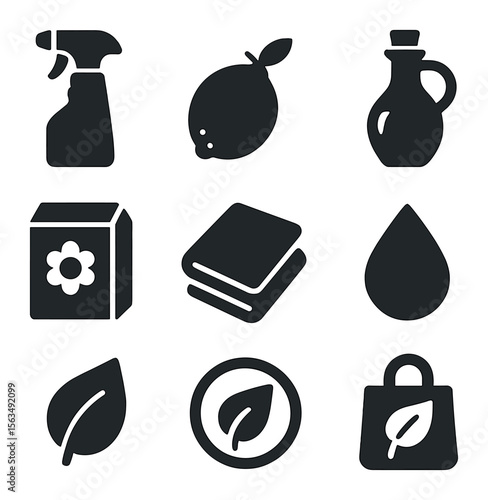 Eco-Friendly Cleaning Icons. Solid, filled icons set of eco-friendly cleaning: natural spray, lemon icon,