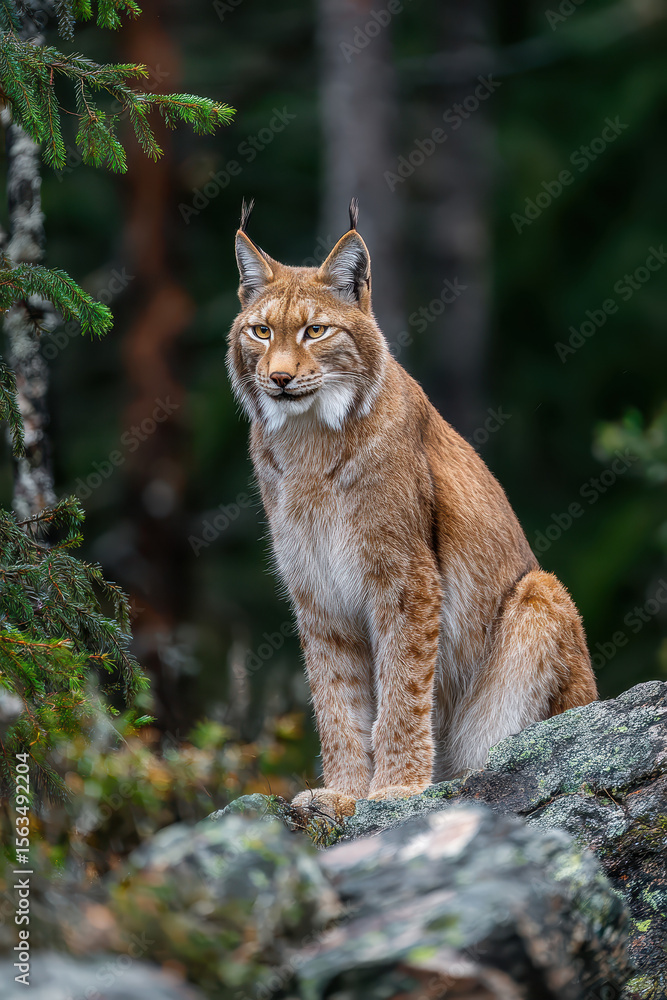 Fototapeta premium Lynx in Alert Posture on Rocky Forest Terrain