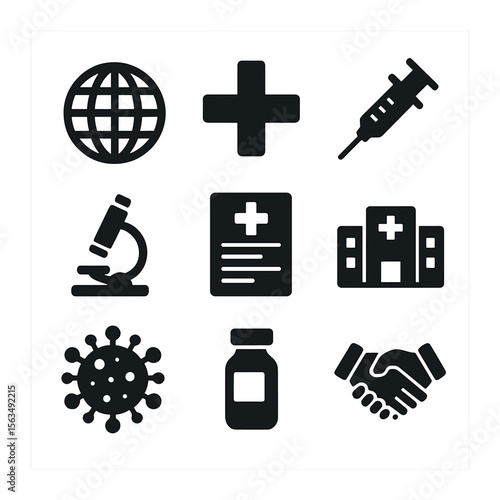 Global Health Icons. Solid, filled icons set of making a global impact in public health: globe, medical cross,