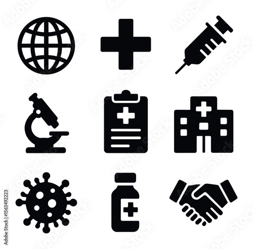 Global Health Icons. Solid, filled icons set of making a global impact in public health: globe, medical cross,