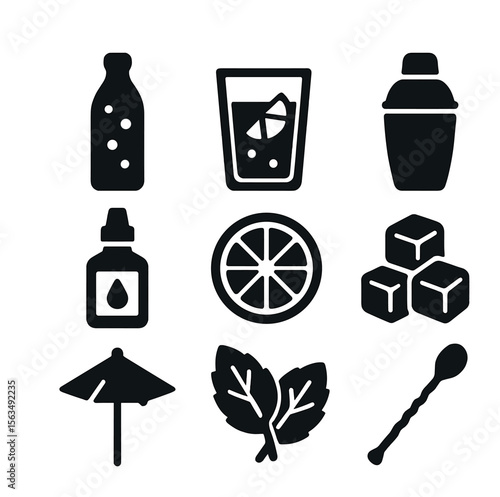 Drinks and Cocktails Icons. Solid, filled icons set of drinks and cocktails accompaniment: sparkling water,